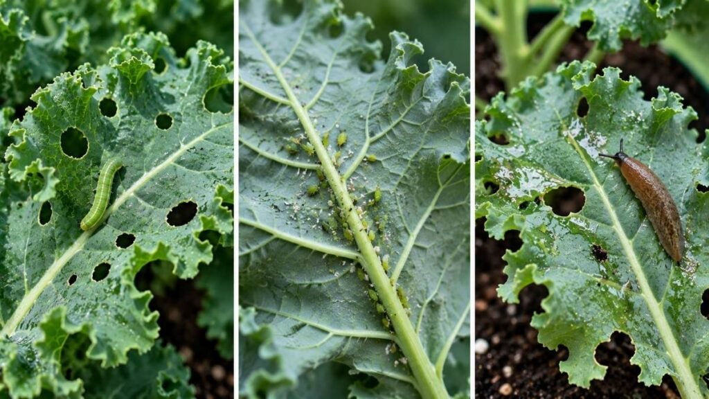 Common kale pests including cabbage worms and aphids on damaged leaves