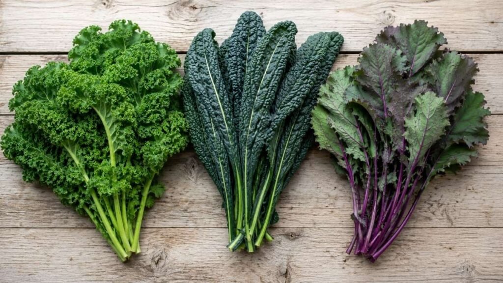 Curly kale, Lacinato kale, and Red Russian kale leaves shown side by side