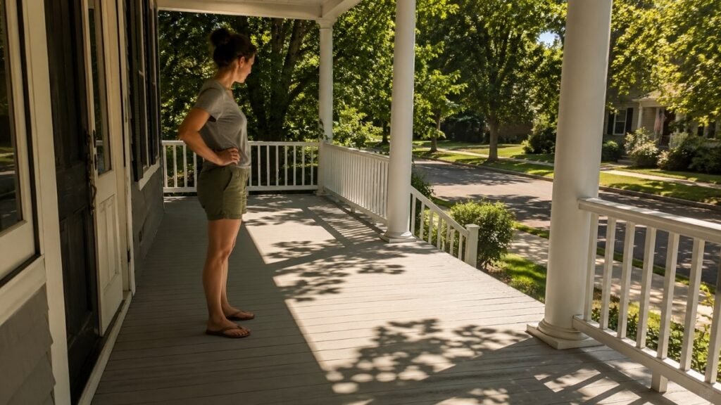 A person observing shadow quality on a front porch floor at noon to assess light conditions — the shadow test is the most reliable way to determine what kind of light your front porch actually receives before buying plants