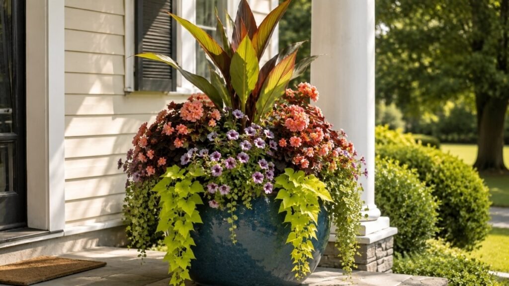 A large ceramic porch planter showing the thriller-filler-spiller formula with tall grass in the center, colorful flowers filling the middle, and trailing vines spilling over the edges — the beginner formula for beautiful porch containers on any budget