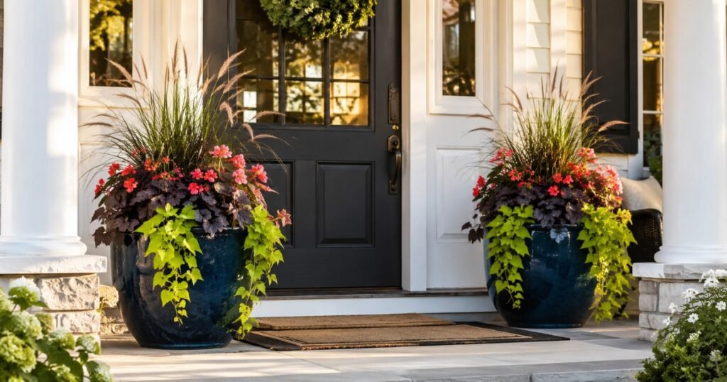 A beautifully styled front porch with two matching planters flanking the front door containing lush thriller-filler-spiller arrangements — complete guide to choosing the best front porch plants for beginners