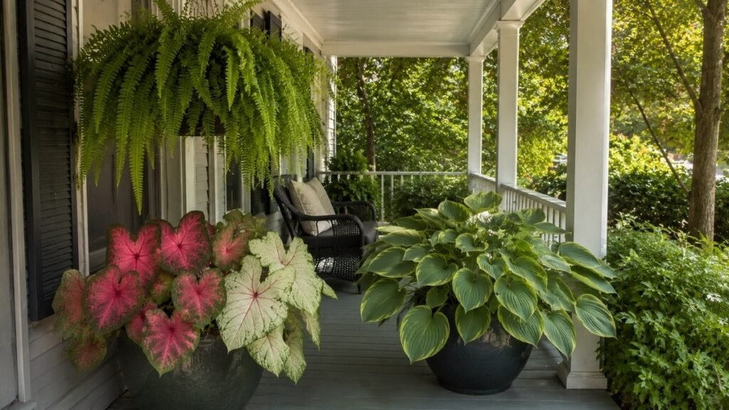 A shaded covered front porch with a hanging Boston fern, caladium with pink and white leaves, and hosta containers — shade-loving plants like ferns, caladium, and hosta thrive on covered porches without direct sunlight