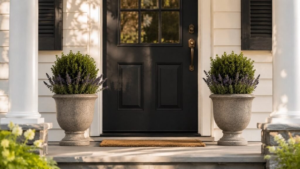 A front porch with two matching stone-finish planters flanking a dark front door — symmetrical matching containers flanking a front door is the single most impactful styling change for front porch curb appeal