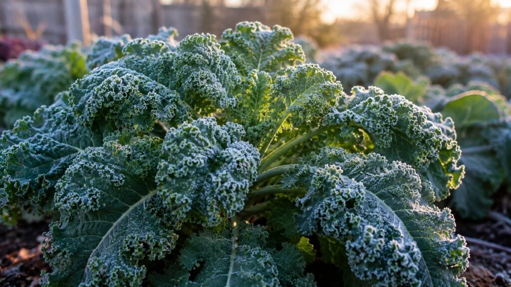 Healthy kale leaves covered with a light frost in a fall garden