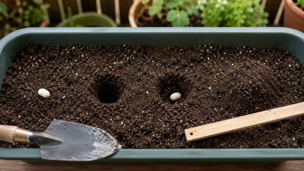 Green bean seeds planted one inch deep with proper spacing in container soil