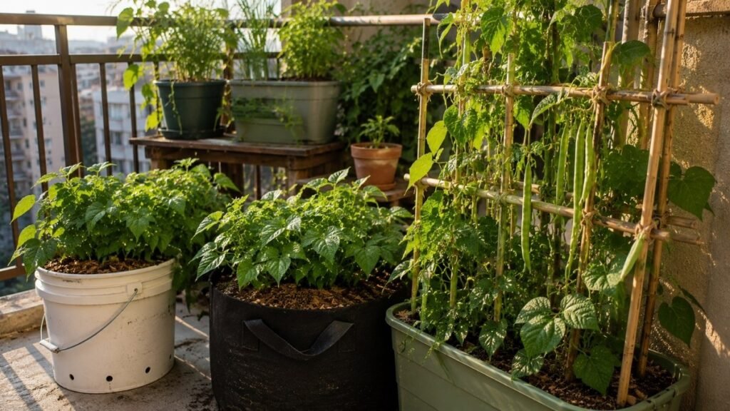 Pole green beans climbing a simple DIY trellis in a balcony container