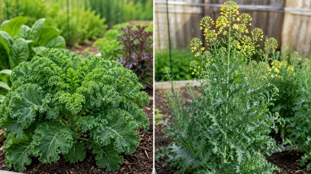 Healthy leafy kale compared with a kale plant producing a tall flower stalk