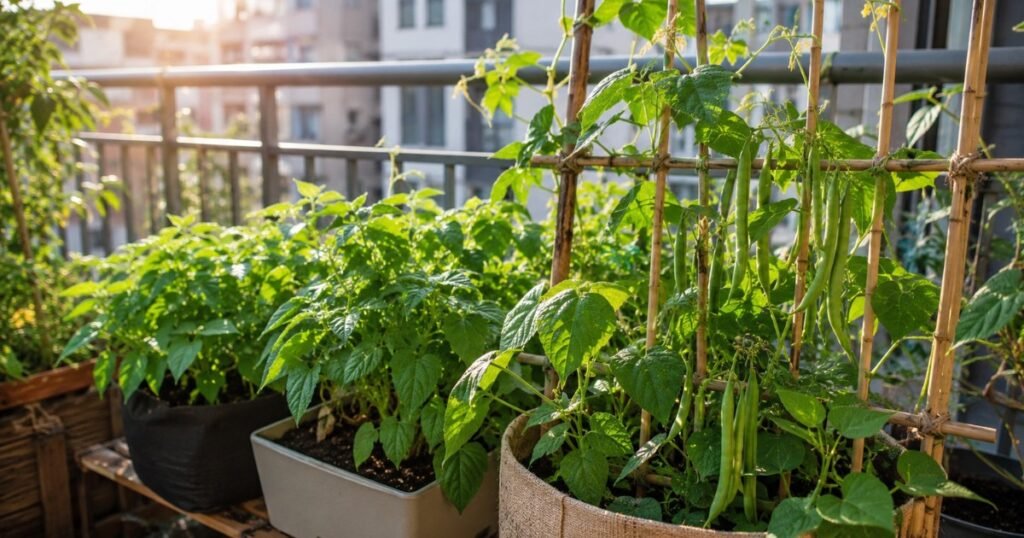 Green bean plants growing in containers on a sunny apartment balcony