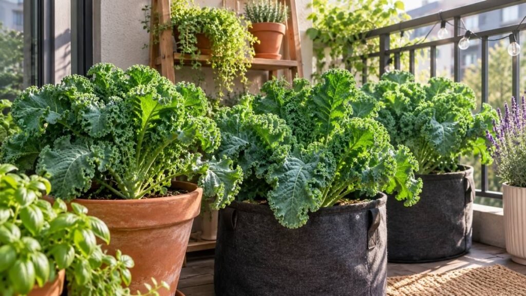 Healthy kale growing in containers on a small apartment balcony