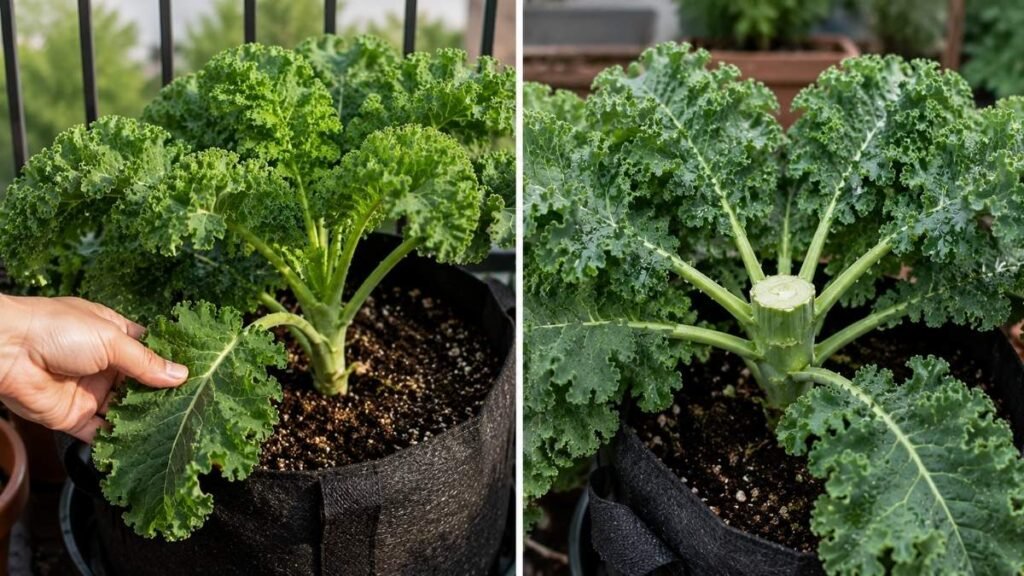 Correct kale harvesting removes lower outer leaves while protecting the center growing point