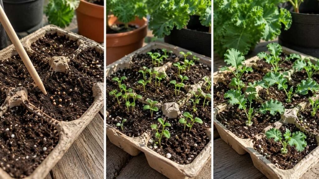 Kale seeds planted shallowly with seedlings thinned to proper spacing