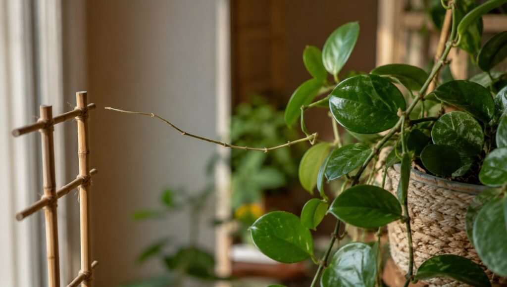A hoya plant with a long bare vine extending outward toward a trellis — bare vines on hoya plants are completely normal searching tendrils and should never be cut
