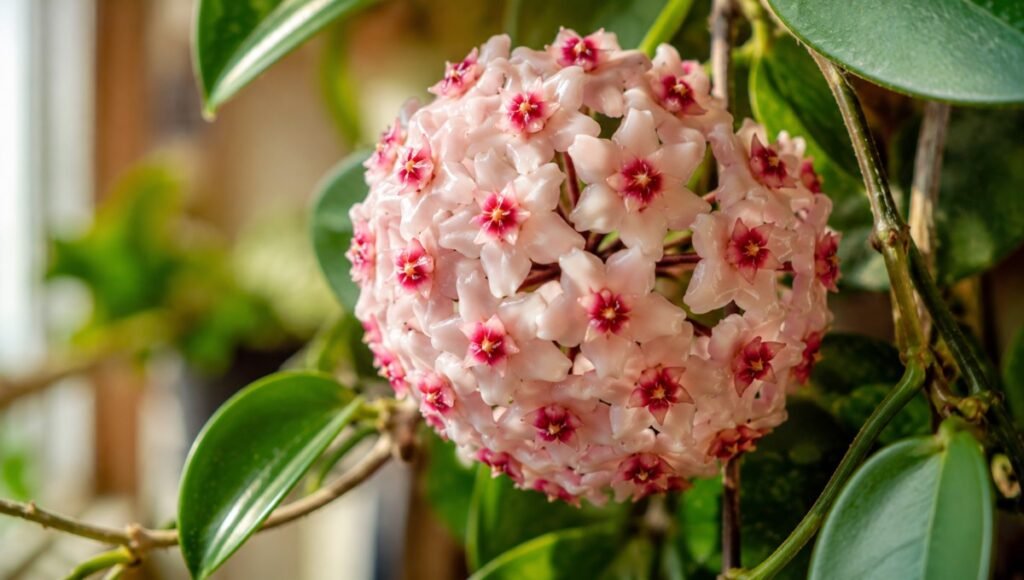 A close-up of hoya star-shaped waxy flowers in a perfect cluster — hoya plants can take 1-4 years to bloom indoors and old flower spurs must never be removed as hoyas rebloom from the same points
