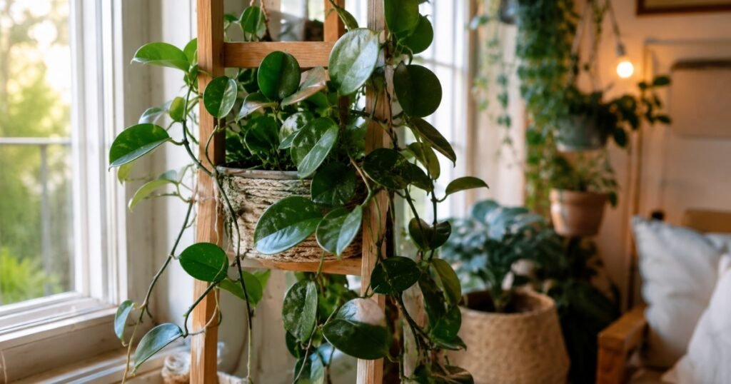 A healthy hoya plant with thick waxy green leaves trailing near a bright window — complete hoya care guide for beginners covering watering, light, soil, and blooming