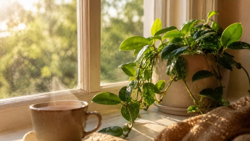 A hoya plant on a sunny windowsill in soft morning light with a cup of tea nearby — hoya care rewards patience and suits people who find satisfaction in slow growth and quiet observation