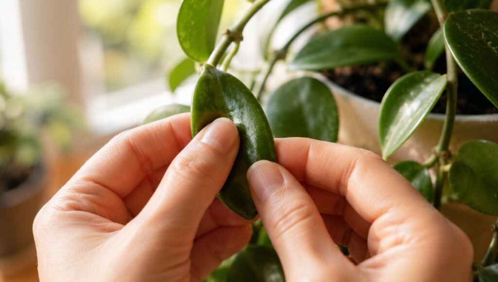 Hands gently pinching a thick waxy hoya leaf to test firmness — the Taco Test is the most reliable way to know when to water a hoya plant without following a calendar schedule
