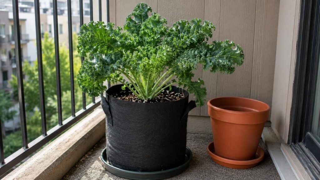 One mature kale plant growing in a deep container with proper drainage