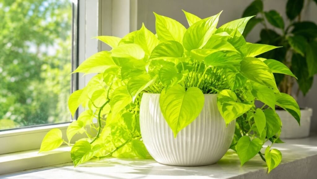 A vibrant neon pothos with electric chartreuse lime-green leaves glowing in bright natural window light — neon pothos is the most visually bold of all pothos varieties and needs good light to maintain its color
