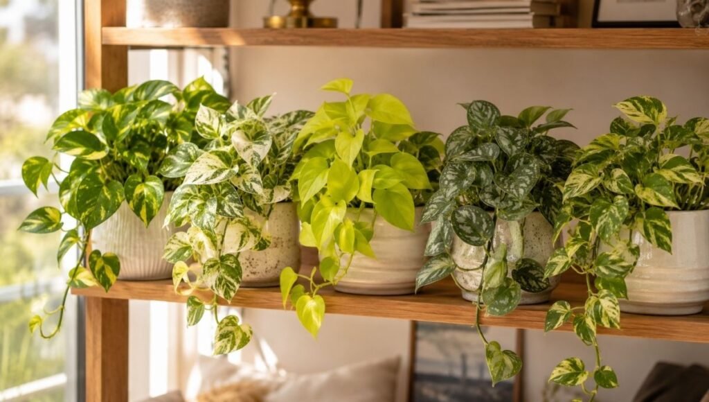 A curated collection of multiple pothos varieties in matching ceramic pots on an apartment shelf — collecting different pothos varieties is a natural progression for anyone who starts with one and falls in love with the plant