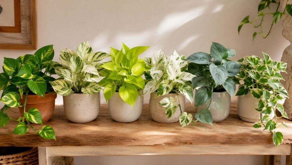 Six different pothos varieties arranged side by side showing their distinctive leaf colors — golden, marble queen, neon, snow queen, cebu blue, and njoy pothos varieties compared
