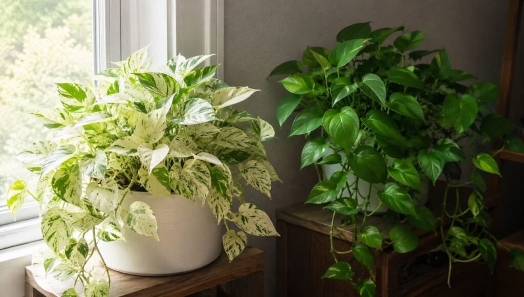 Two pothos varieties showing the light rule — a mostly white Snow Queen pothos needing bright light on the left and a solid green Jade pothos thriving in lower light on the right
