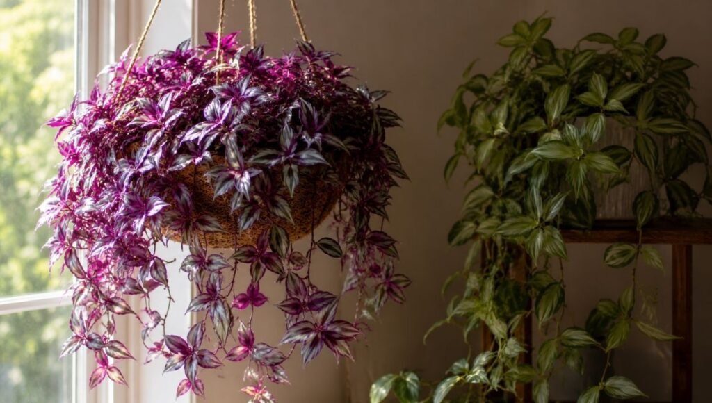 Two wandering jew plants showing color difference between good light and low light — vibrant purple silver stripes near a window versus faded green leaves in dim conditions
