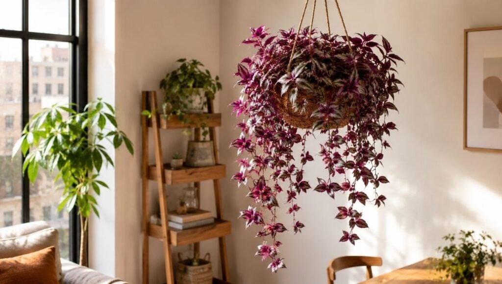 A wandering jew plant in a hanging basket suspended from the ceiling with cascading purple silver vines — hanging display keeps wandering jew out of reach of pets and shows off its trailing habit beautifully