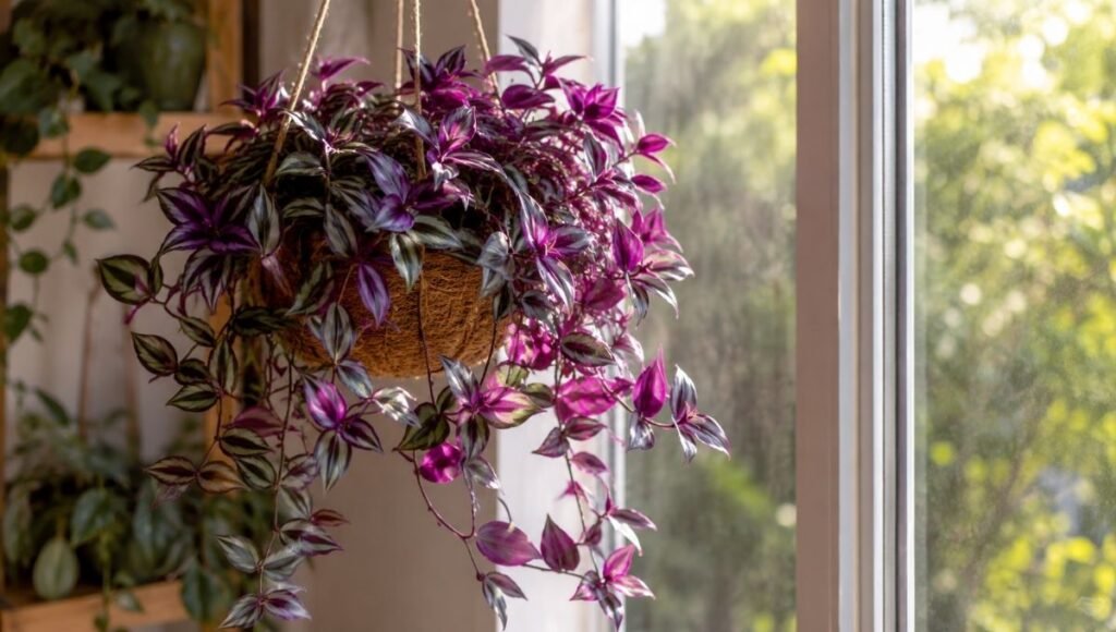 A lush wandering jew plant with full purple and silver striped leaves trailing from a hanging basket near a bright window — complete wandering jew plant care guide for beginners