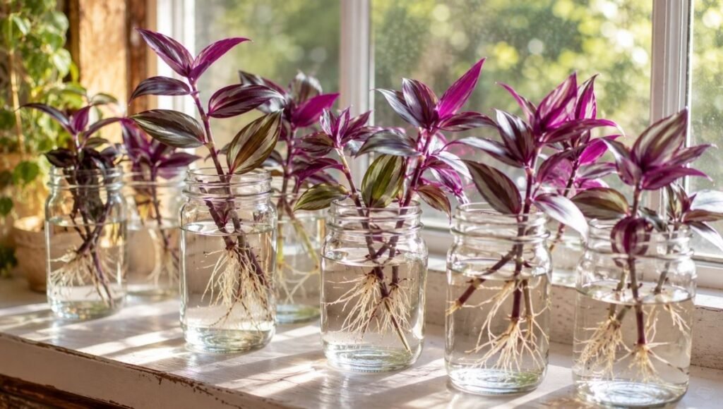 Wandering jew stem cuttings with visible white roots growing in glass jars of water on a bright windowsill — Tradescantia is one of the easiest houseplants to propagate rooting in just 7-14 days
