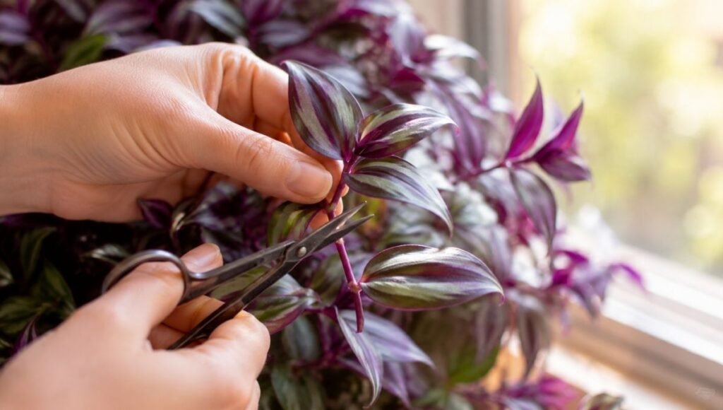 Hands using scissors to pinch back a wandering jew stem just above a leaf node — regular pruning is the most important habit for keeping wandering jew plants full and bushy rather than leggy
