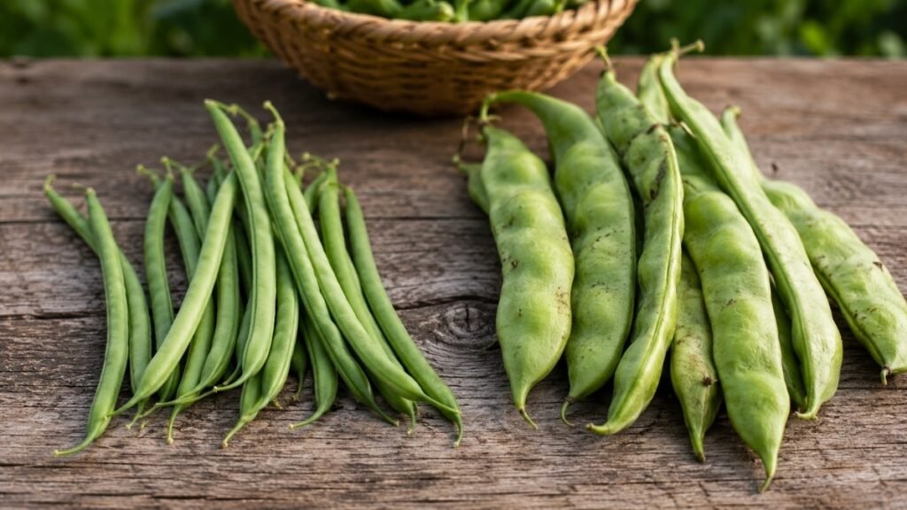 Tender green bean pod compared with an overripe pod with swollen seeds
