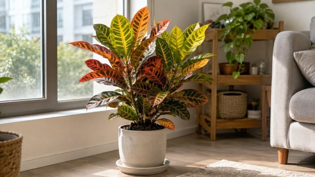 Healthy colorful croton plant growing indoors near a bright window