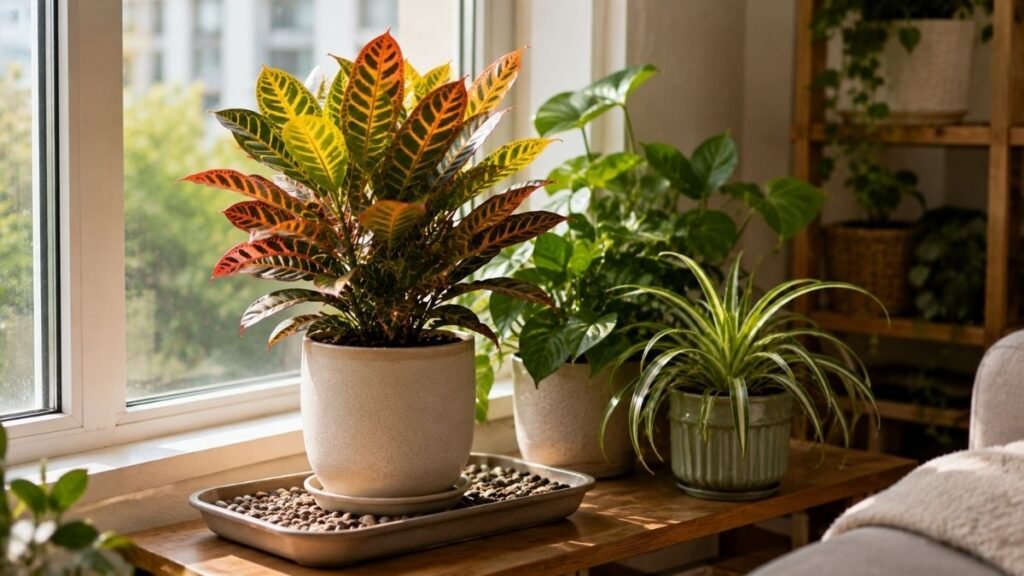 Croton plant humidity setup with grouped houseplants indoors