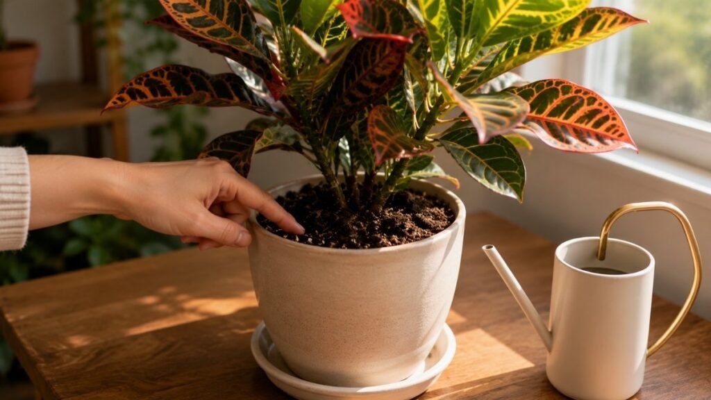 Checking croton plant soil moisture before watering